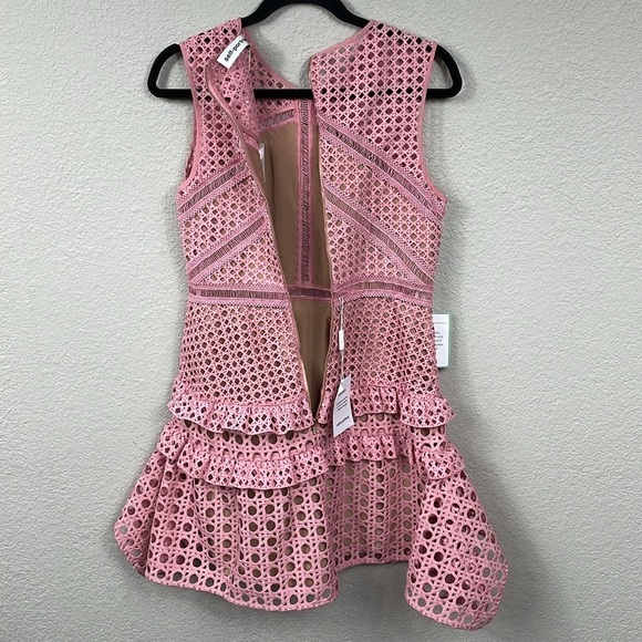 NWT Self-Portrait Crosshatch Frill Mini Dress Pink Guipure Lace Barbie Sz 8 - Picture 9 of 16